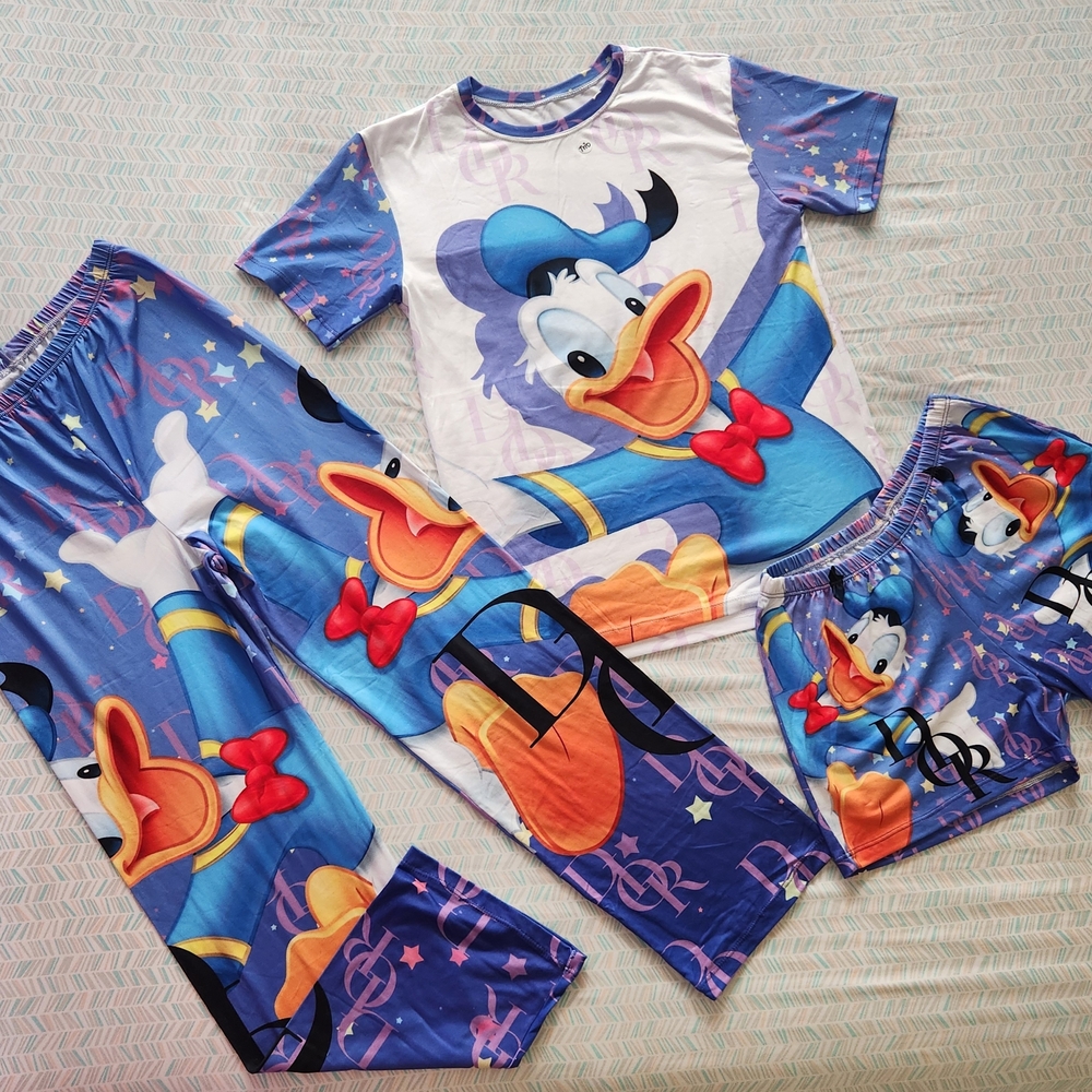 Womem Cartoon Character Pajamas Set 3pcs - Blue, Purple and White